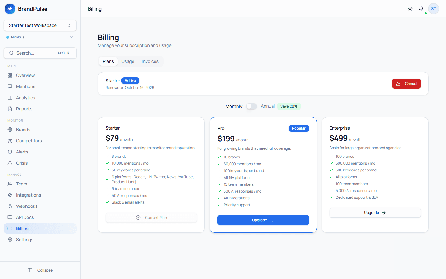 BrandPulse billing and trial
